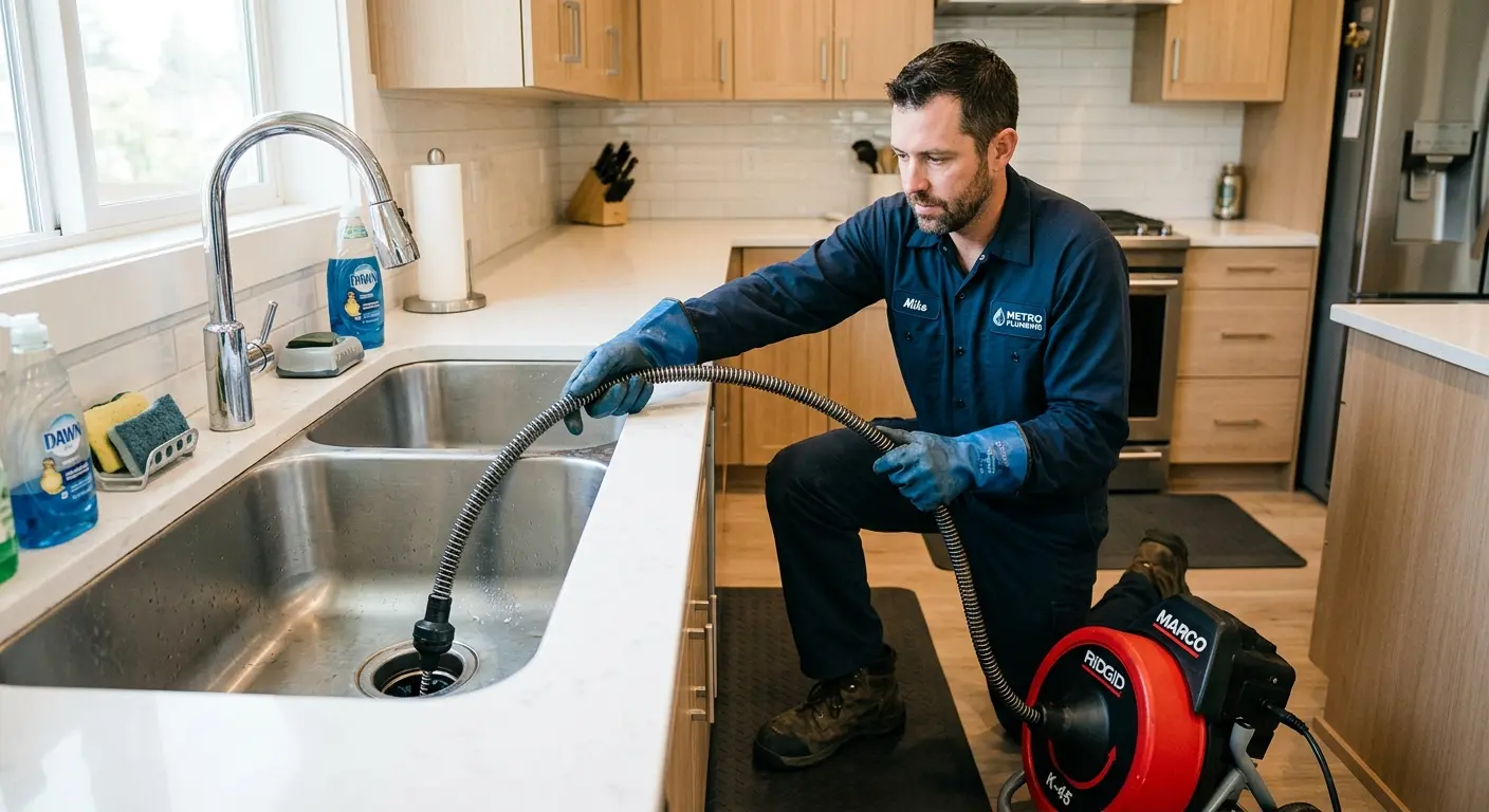 Drain cleaning technician using a motorized snake on a kitchen sink in Gardendale