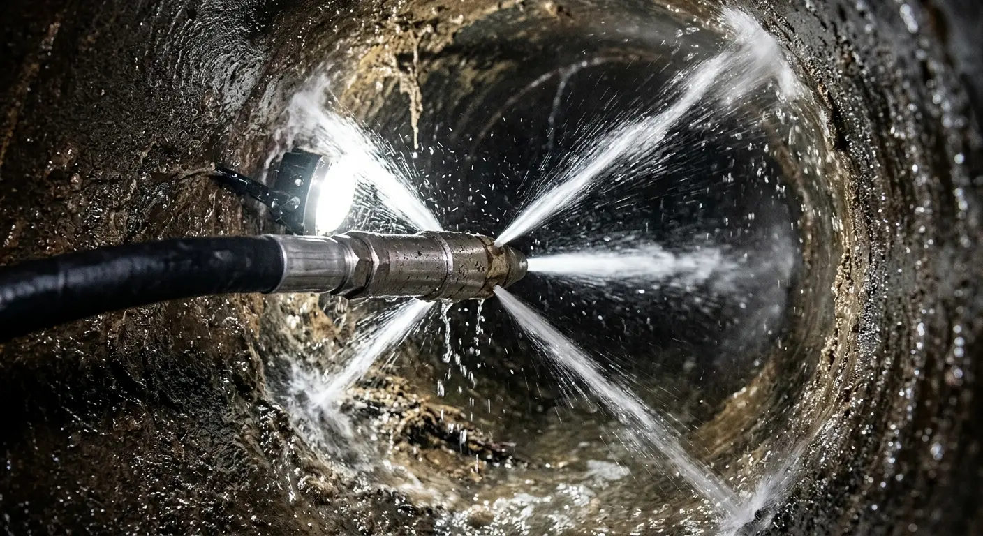 High-pressure hydro jetting nozzle cleaning sewer pipe for Sewer Cleanout in Gardendale