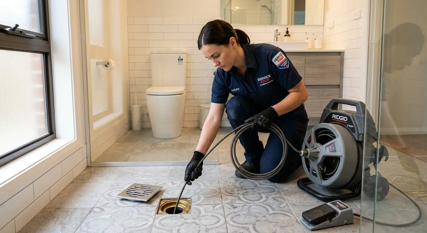 Technician clearing a bathroom floor drain for Clogged Drain Repair in Gardendale